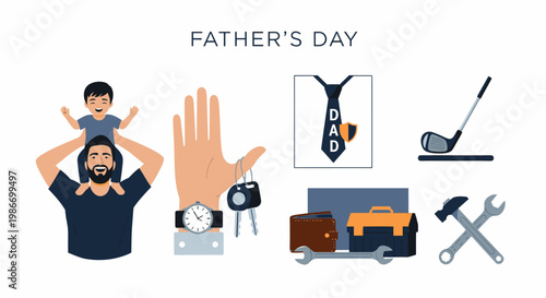 Fathers Day vector illustration set featuring a dad and son necktie car keys tools golf club and wallet