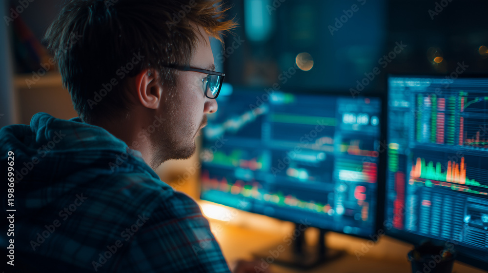 Fototapeta premium Man trades on computer, focused on financial chart analysis data