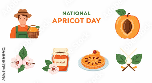 Flat illustration for National Apricot Day featuring a farmer fresh fruit blossoms jam and an apricot tart