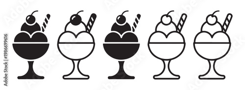 Ice Cream Sundae Icons Set in Solid and Outline Style