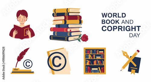 Flat illustrations for World Book and Copyright Day with reading person stacks of books pens and symbols