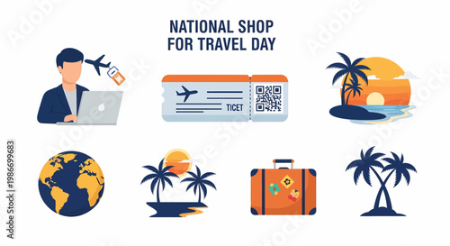 Flat vector icons for National Shop for Travel Day including a person with a laptop plane ticket and luggage