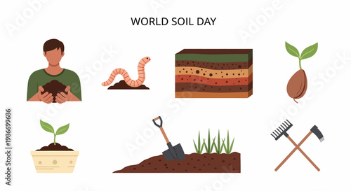 Flat vector icons for World Soil Day including a soil profile earthworm plants gardener and agricultural tools