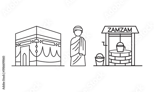 Islamic Hajj pilgrimage line icons, Kaaba building and Zamzam well with pilgrim character, religious travel and Umrah ritual vector set