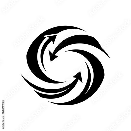 Black swirling arrows circular motion graphic.