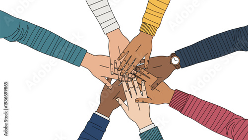 Diverse group of people stacking hands in a circle symbolizes teamwork, cooperation, and unity among different ethnic backgrounds.
