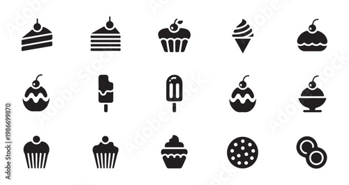 Collection of minimalist dessert icons featuring cake slices, cupcakes, soft serve ice cream, and popsicles