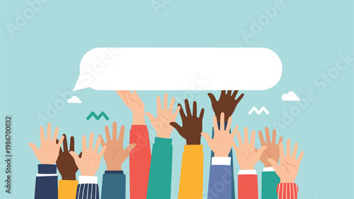 Diverse group of people raising their hands towards a large empty speech bubble represents collective voice, voting, or participation.
