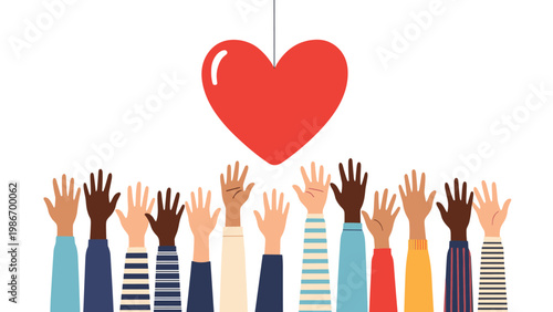 Diverse hands reaching up to a large red heart symbol signify love, charity, kindness, and community support in a multicultural society.