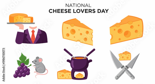 Illustrated collection for National Cheese Lovers Day featuring cheese wedges a fondue pot a mouse and grapes