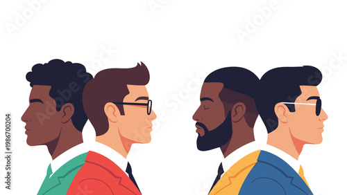Profiles of diverse men with different hairstyles and accessories facing in opposite directions symbolize individuality and diversity.