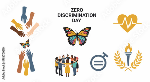Illustration for Zero Discrimination Day with diverse hands people circle butterfly and equality symbols on white
