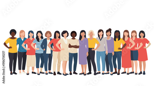 Wide group of diverse women of different ages and ethnicities standing together symbolizes female empowerment and gender equality.
