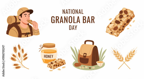 Illustration of a man eating a granola bar with honey wheat and hiking gear for National Granola Bar Day