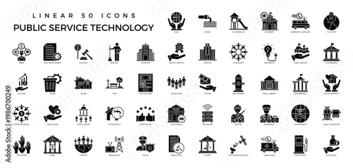 Public Service Technology Icon Set – Government, Infrastructure, and Community System Line Icons