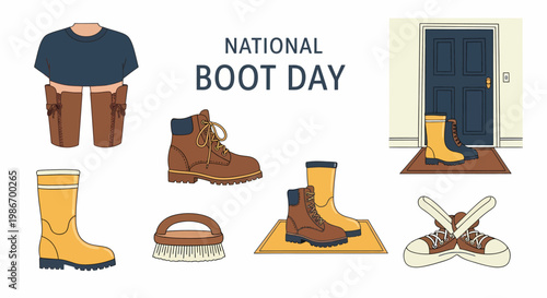 Illustration of diverse boots a boot brush and a doorway scene for National Boot Day on a white background