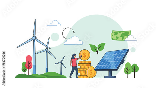 Woman placing gold coins near solar panels and wind turbines illustrates the concept of green energy and sustainable investment.