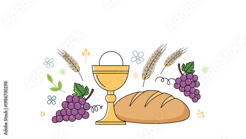 Religious illustration of bread, grapes, wheat, and a golden chalice with a host for holy communion on a white background.