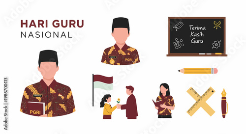 Indonesian National Teachers Day vector set with teachers in PGRI uniforms school supplies and student characters