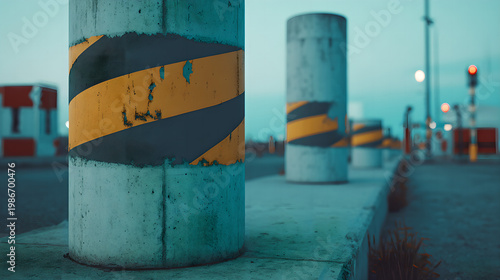 disavowal. Construction site with abstract industrial elements, metal and concrete textures, and dramatic side lighting. real-estate listings.