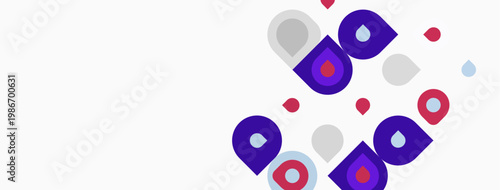 Abstract design features purple shapes, gray circles, red dots. Minimalist composition, clean aesthetic, modern visual elements.