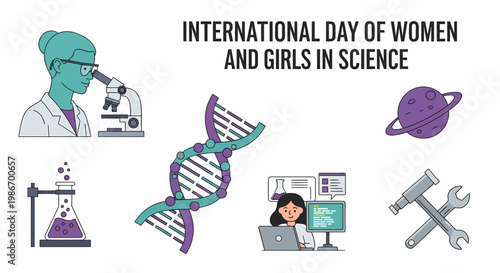 International Day of Women and Girls in Science graphic with female researchers DNA microscope and lab equipment