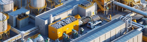 An illustrative 3D rendering of a modern smart office building with energysaving features and renewable energy sources  ,3D render