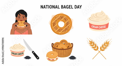 National Bagel Day illustration featuring a woman eating a bagel cream cheese tubs and baskets of fresh bagels
