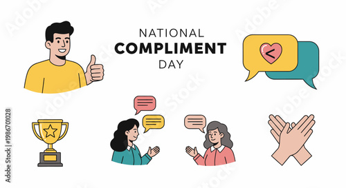 National Compliment Day illustration with a man talking women trophy clapping hands and speech bubbles