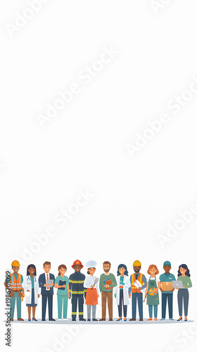Minimal workforce illustration aligned at the bottom, providing wide open space above for headlines and promotions