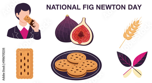 National Fig Newton Day graphic with a person eating whole and sliced figs wheat stalks and various biscuits