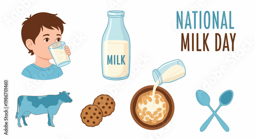 National Milk Day illustration with a boy drinking milk a cow a milk bottle cookies and a cereal bowl