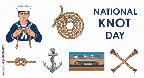 National Knot Day graphic with a sailor tying a rope various nautical knots an anchor and a ship deck background