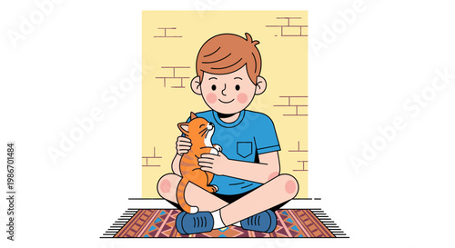 Boy Holding Orange Cat Pet.