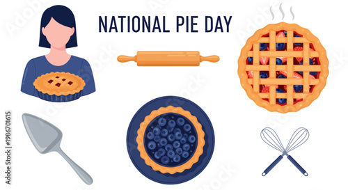 National Pie Day illustration with a woman rolling pin whisks pie server and various whole berry pies