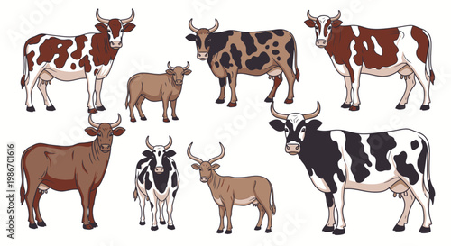 Cows and calves in various breeds.