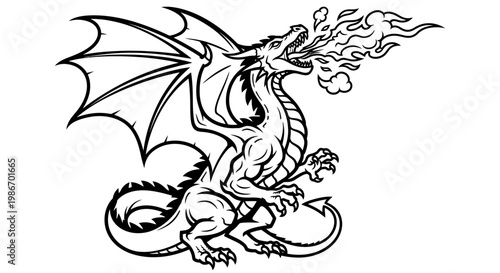 Dragon breathing fire with wings spread 1.