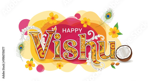 Celebrating the Malayali New Year, a bright vector illustration showcases 'Happy Vishu' with intricate floral patterns, set against a festive backdrop featuring coconuts, peacock feathers