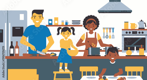 Family Cooking Together In Kitchen.