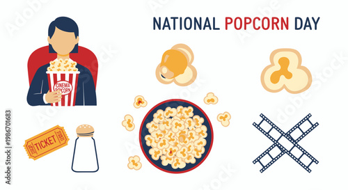 National Popcorn Day icons including a bowl bucket ticket salt shaker and film strips on a white background
