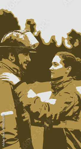 Firefighter comforting a woman outdoors.