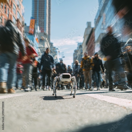 Small Four Legged Robot on City Street Surrounded by Blurry Pedestrians on a Sunny Day