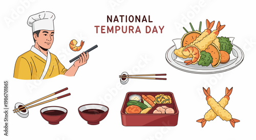 National Tempura Day illustration featuring a chef fried shrimp vegetables bento box and dipping sauces