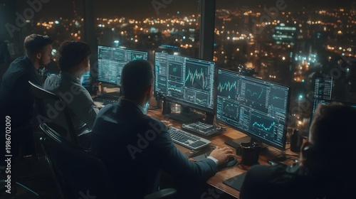 office with analysts observing AI generated market predictions on curved ultra wide screens