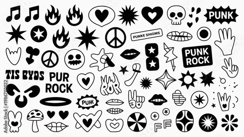 A chaotic collection of black and white punk rock and alternative culture themed stickers doodles and symbols fills the entire frame high quality professional detailed modern