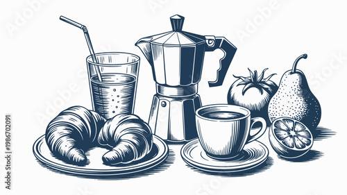 A vintage style still life depicts a breakfast arrangement featuring coffee pastries fruit and a glass of juice high quality professional detailed modern elegant stylish clean