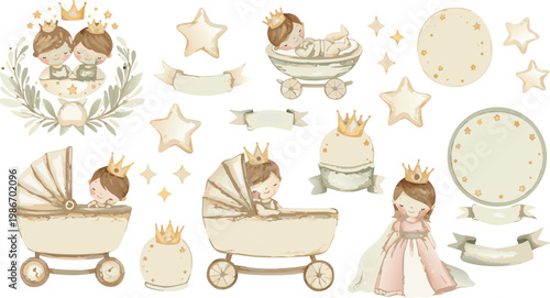 Whimsical illustration of royal baby princess and prince nursery decor with stroller and bathtub