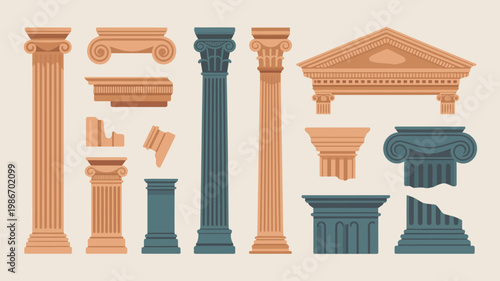 An illustrated collection of classical architectural elements including columns pediments and capitals depicted in muted orange and teal tones high quality professional detailed modern elegant stylish