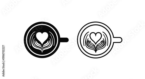 Two stylized coffee cup icons depicting latte art with a heart design