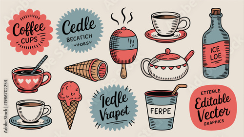 A colorful hand drawn illustration showcases various beverages and sweet treats including coffee ice cream and tea arranged creatively high quality professional detailed modern elegant stylish